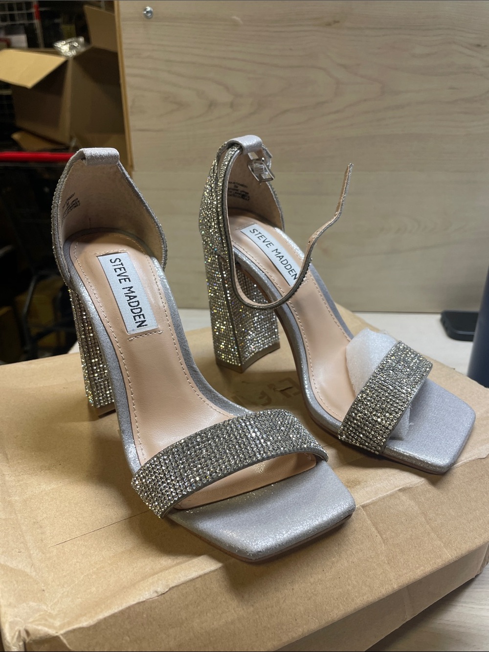 Steve Madden Silver Crystal Embellished Block Heel Sandals #647
